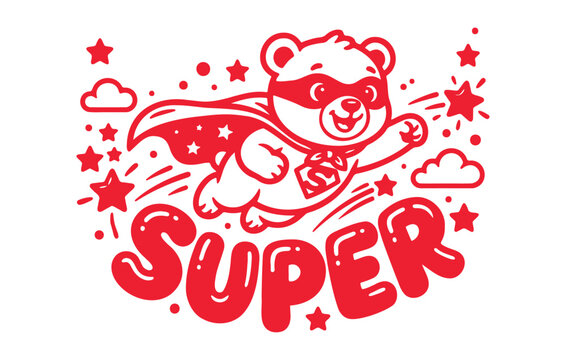 Cute Superhero Bear wearing Mask and Cape with Super Text Vector Design
