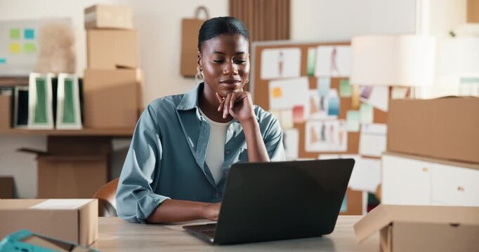 Logistics, smile or black woman in office with laptop, order status or review monitoring on webstore. Happy, digital or entrepreneur with tech, delivery control or customer feedback on ecommerce site