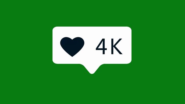 Animated social media like notification icon with heart symbol and increasing number counter isolated on green screen chroma key background for digital marketing and content engagement concept