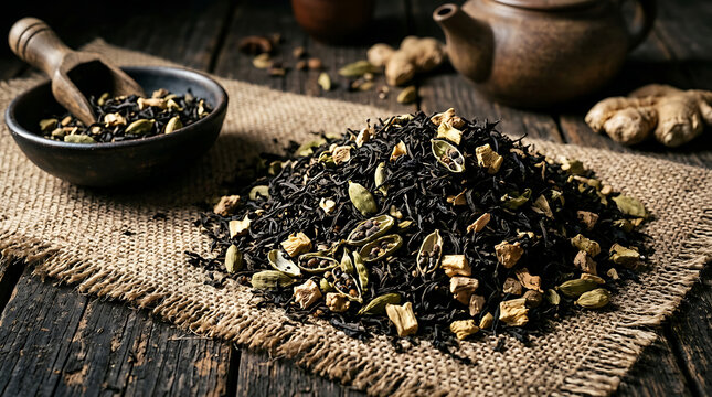 Loose leaf masala chai tea blend with cardamom and dried ginger on a rustic burlap surface