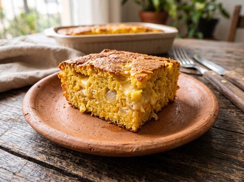 Slice of traditional Sopa Paraguaya on a rustic clay plate over an old wooden table