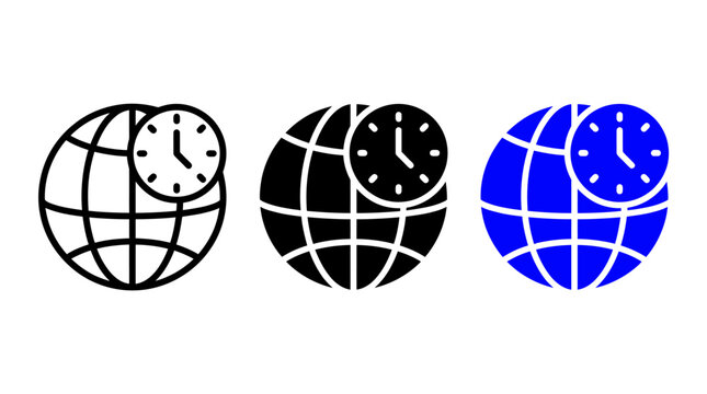 Global Time Zone Icon Set with Clock and Earth Symbols for Modern Design