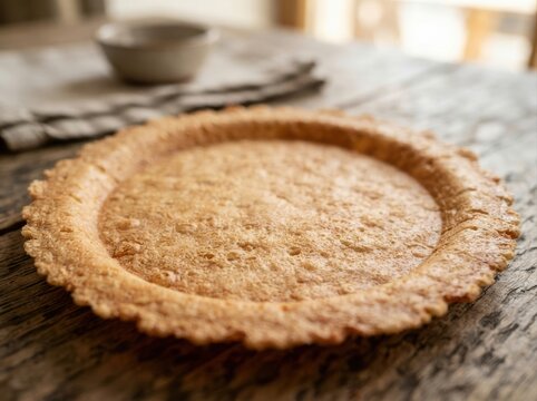 edible food packaging concept Empty baked pie crust on rustic wooden table with blurred background