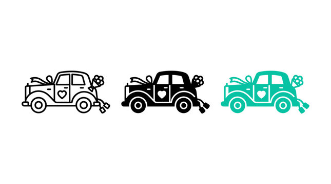 Set of wedding car icons featuring a decorated vintage vehicle design style