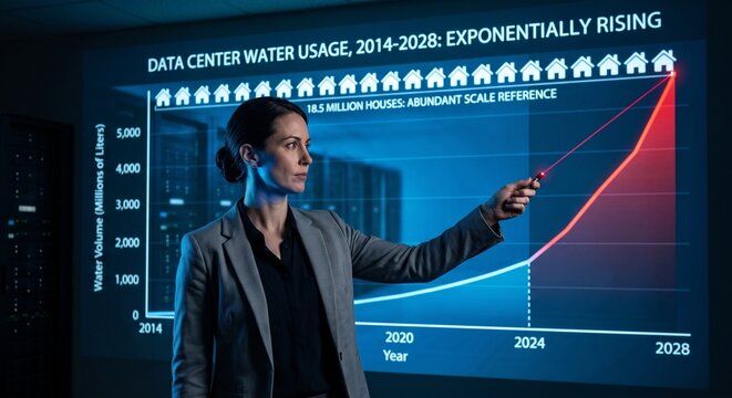 Female Data Scientist Presenting Exponential Data Center Water Usage Graph In Dark Modern Briefing Room