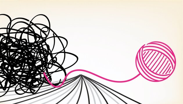 A modern vector concept art piece showing a tangle of messy, scribbled black lines slowly untangling and flowing into a smooth, clean, continuous pink line that forms a neat ball of yarn. Abstract, cl
