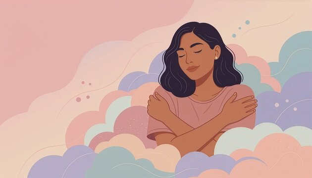 A modern vector drawing of a person with eyes closed, arms wrapped around themselves in a gentle self-hug, surrounded by abstract, protective organic shapes that look like clouds. Soft pastel color pa
