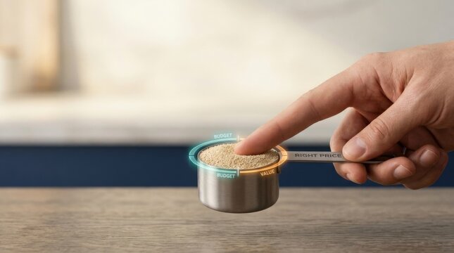 Hand holding a measuring spoon with right price label to illustrate product affordability and value measurement