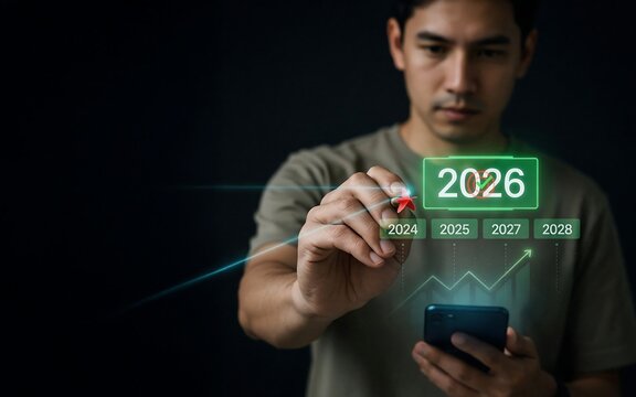 Man using smartphone and drawing futuristic year 2026 milestone holographic chart in dark office