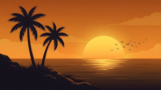 Beautiful tropical sunset with silhouetted palm trees over calm ocean waters at dusk