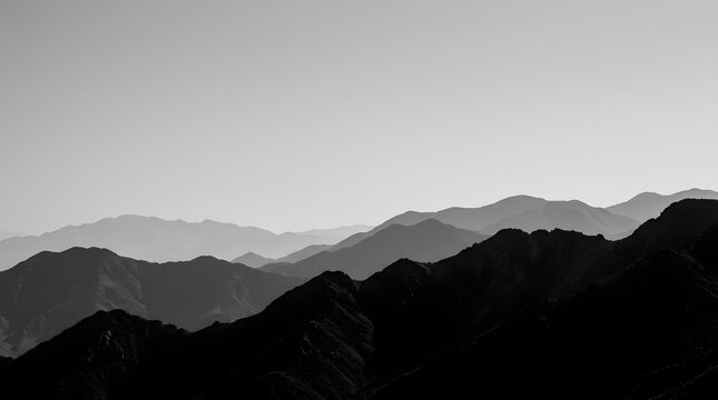 Striking grayscale mountain range with layers of peaks disappearing into a dramatic cloudy overcast sky