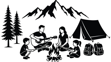 Fototapeta premium Happy family camping together outdoors with a guitar near bonfire and tent in black white style