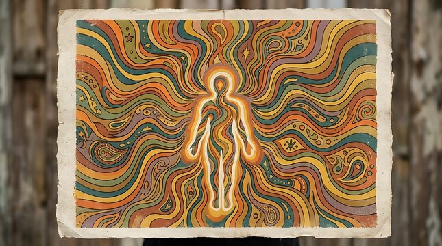 Abstract retro human figure with colorful swirling psychedelic patterns on vintage paper