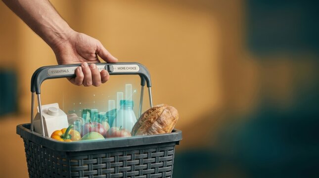 Person holding a grocery basket filled with food to depict rising purchasing power and diverse consumer choices