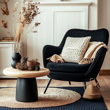Elegant Interior with Black Velvet Armchair, Wood Coffee Table, and Neutral D&Atilde;&copy;cor