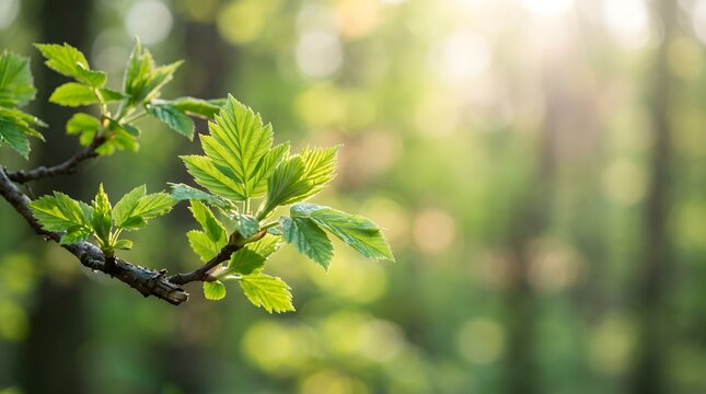 Fresh spring leaves on a branch with a blurred forest background in soft sunlight