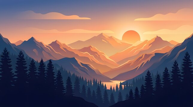 Dramatic mountain landscape at sunset with silhouetted trees and warm golden light illuminating peaks