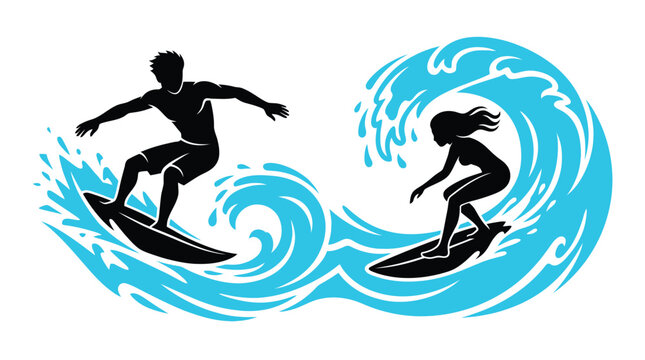 Male and female surfers riding big blue ocean waves in this stylized flat vector illustration design