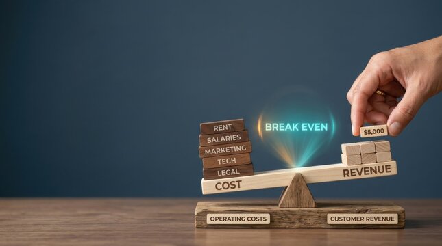 Person balancing a miniature seesaw with cost and revenue labels to illustrate startup break-even financial concepts