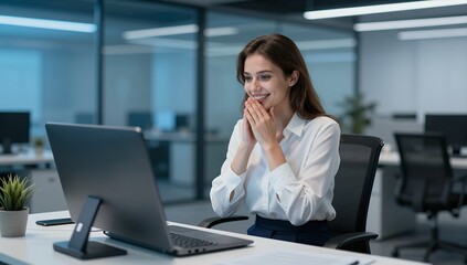 Fototapeta premium Happy Young Businesswoman Looking at Laptop Computer Screen with Joyful Expression in Modern Open Plan Office Setting with Soft Interior Lighting