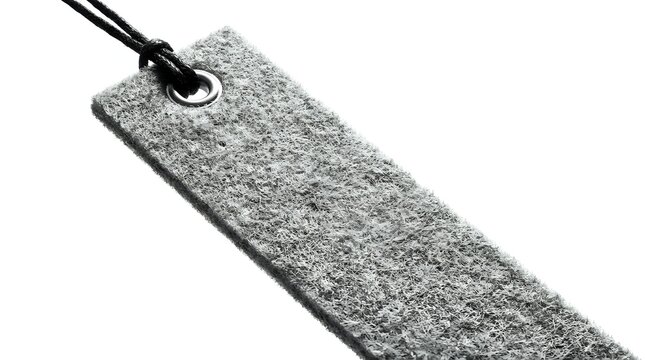 Close-up of gray fabric tag with black string attached
