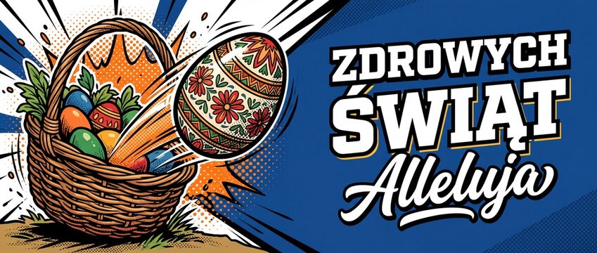 Easter egg basket pop art graphic banner featuring flying decorated egg and Polish text Zdrowych Swiat Alleluja for dynamic retro comic book style holiday greeting card, header and banner design