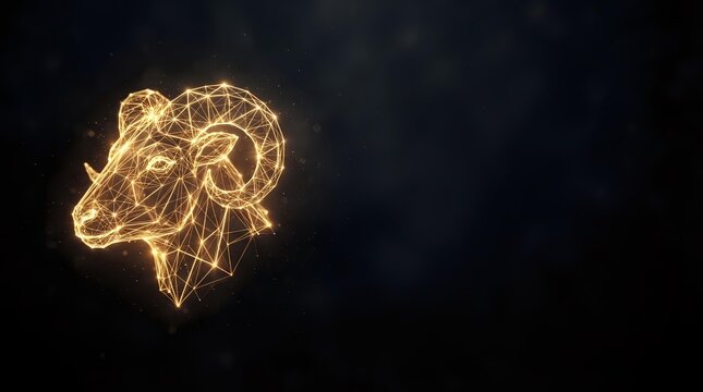 Glowing wireframe ram head with golden geometric lines on dark background