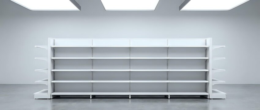 Empty retail shelving unit with multiple tiers in modern minimalist setting