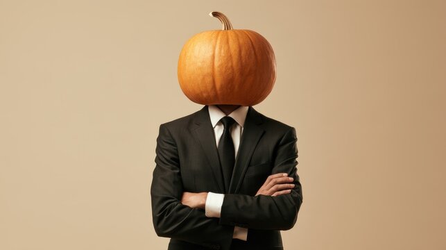 Person wearing formal black suit and tie with large pumpkin as head standing with arms crossed on beige background