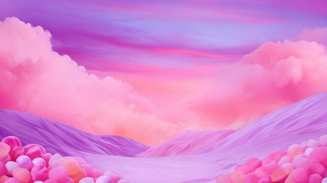 A vibrant landscape with pink and purple clouds over rolling hills dotted with colorful spheres