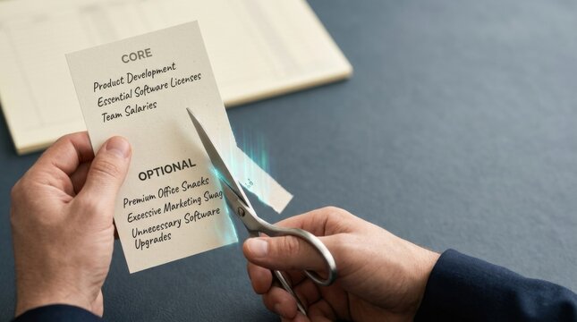 Person using scissors to cut a paper expense list representing startup cost reduction and financial management