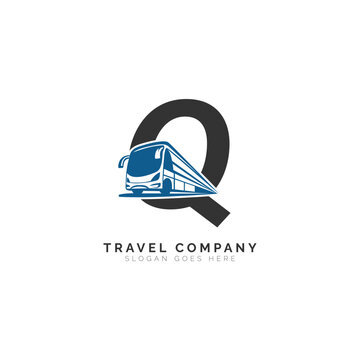 Letter Q logo with bus illustration. Alphabet Q Icon travel, and transport Design