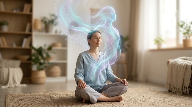 Woman meditating at home with ethereal glowing aura, symbolizing spiritual awakening and mindfulness.