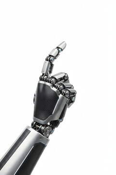 Futuristic bionic robot hand pointing upward with its index finger on an isolated white background