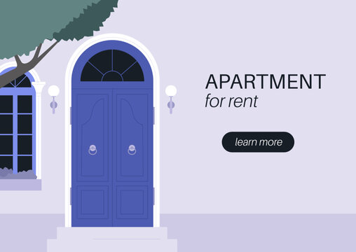 This landing page showcases an attractive apartment for rent, featuring a welcoming double door in vibrant blue color, set against a serene backdrop of lovely architecture.