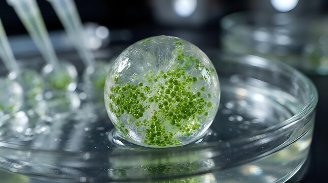 Spherical gel capsule filled with vibrant green microorganisms or algae cells suspended in liquid, displayed in laboratory petri dish for scientific research and biotechnology applications