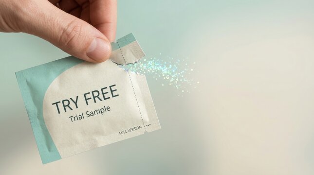 Person opening a sample sachet labeled try free to visualize startup free trial experience and customer engagement