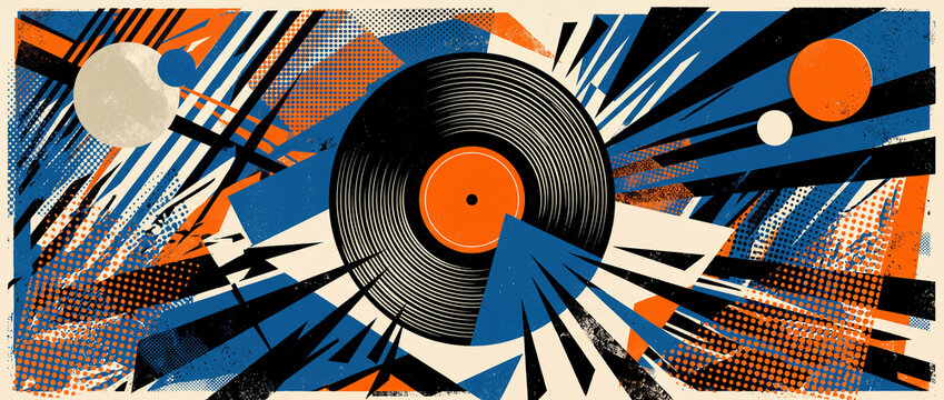 Vinyl Record With Orange Label Center On Retro Comic Style Background, Graffiti Colors