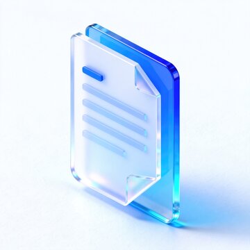 Transparent glass document and file icon with blue layered design on clean white background, idea for digital records, data management and modern office technology