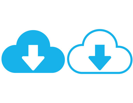 Cloud download icons blue solid and outline with arrow pointing down isolated on white background