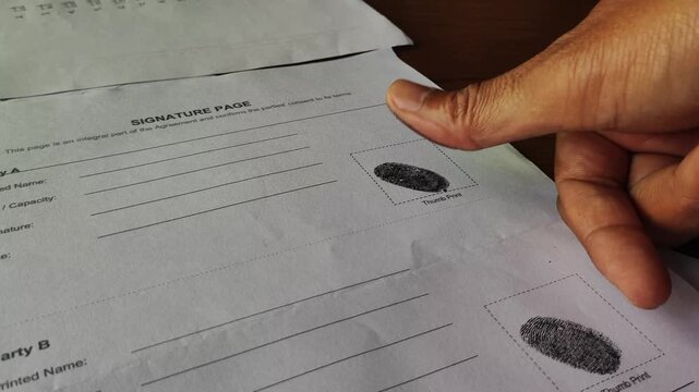 Person leaving a thumbprint with black ink on the signature page of a legal document for identification and verification