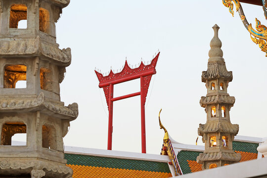 Sao Chingcha Giant Swing View from Wat Suthat Buddist Temple Courtyard, Bangkok, Thailand