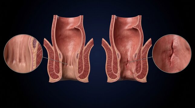 Anatomical illustration comparing healthy and affected human anal canal, likely depicting internal hemorrhoids with detailed cross-sectional views and magnified insets.