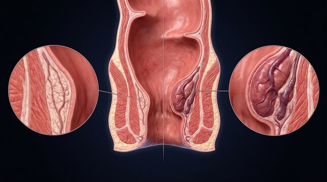 Anatomical illustration of the human rectum and anus, detailing internal and external hemorrhoids with magnified views of normal and thrombosed vessels.