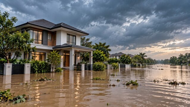 Flooded modern family home exterior under stormy skies with rising water and debris three quarter view