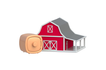Secure agribusiness capital. Agricultural investment safety. Protecting homestead economy assets. Seasonal harvest value preservation. Farm barn near strongbox isolated on white background. 3d render © OlekStock