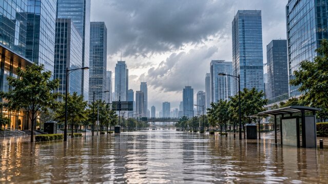 flooded urban business district with glass skyscrapers and submerged street after heavy rainfall
