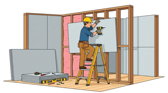 Construction worker installing drywall panel on wood frame wall with drill while standing on ladder