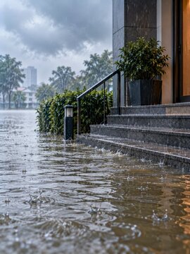 Rising floodwater surrounds the lower steps of a building under an overcast sky with rain and rippling water surface