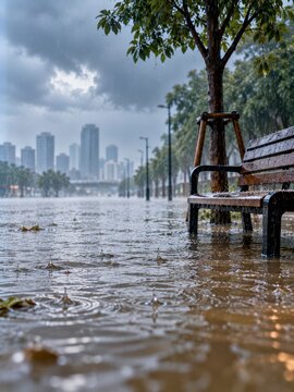 flooded urban street scene with bench and young tree as water rises in rainy storm atmosphere